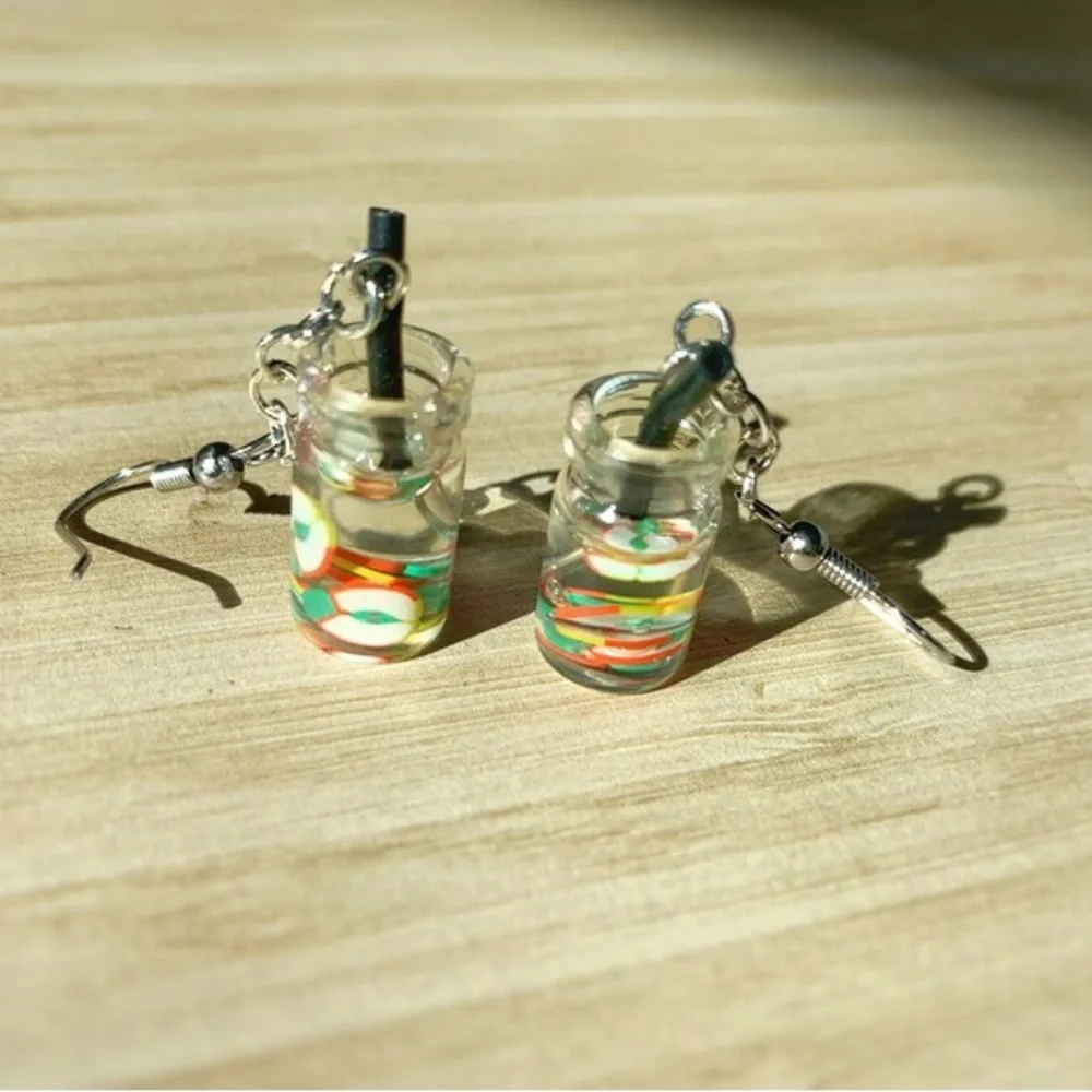 New Handmade Summer Fruity Apple Slice Glass S925 Sterling Silver Earrings